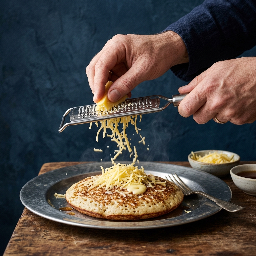 Fresh cheese being grated over hot Surabi